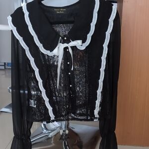 Black Lace Blouse with White Trim